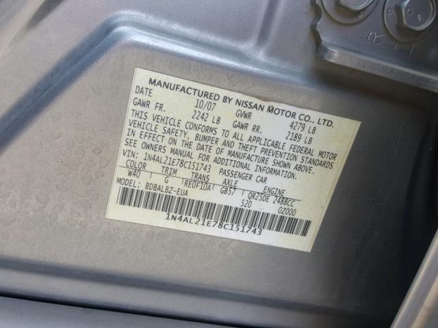 1N4AL21E78C151743 - 2008 NISSAN ALTIMA 2.5 SILVER photo 10