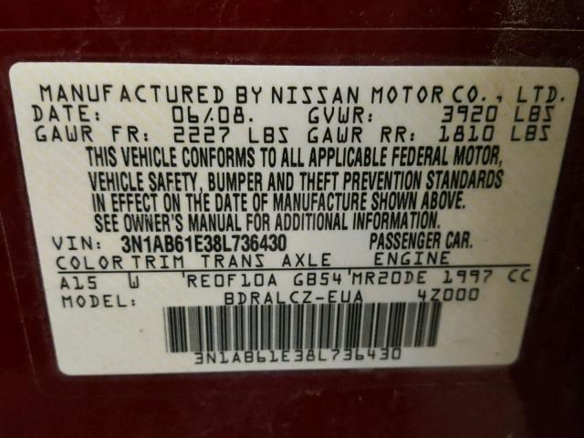 3N1AB61E38L736430 - 2008 NISSAN SENTRA 2.0 RED photo 10