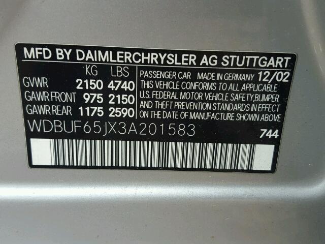 WDBUF65JX3A201583 - 2003 MERCEDES-BENZ E 320 SILVER photo 10