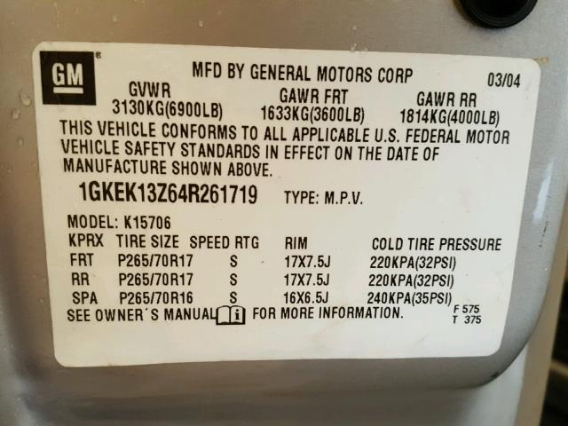 1GKEK13Z64R261719 - 2004 GMC YUKON GRAY photo 10