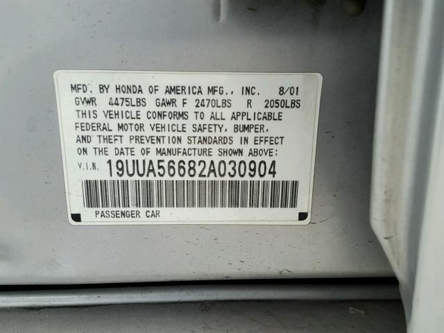 19UUA56682A030904 - 2002 ACURA 3.2TL GRAY photo 10