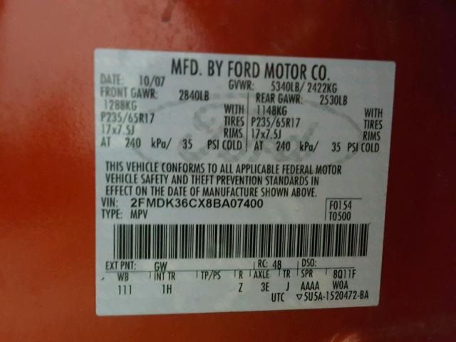 2FMDK36CX8BA07400 - 2008 FORD EDGE SE ORANGE photo 10