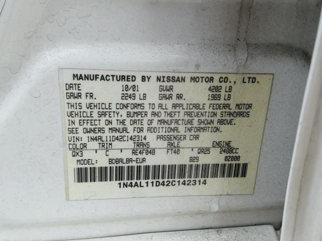 1N4AL11D42C142314 - 2002 NISSAN ALTIMA BAS WHITE photo 10