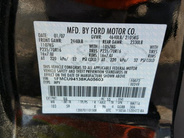 1FMCU94138KA05603 - 2008 FORD ESCAPE LIM BLACK photo 10