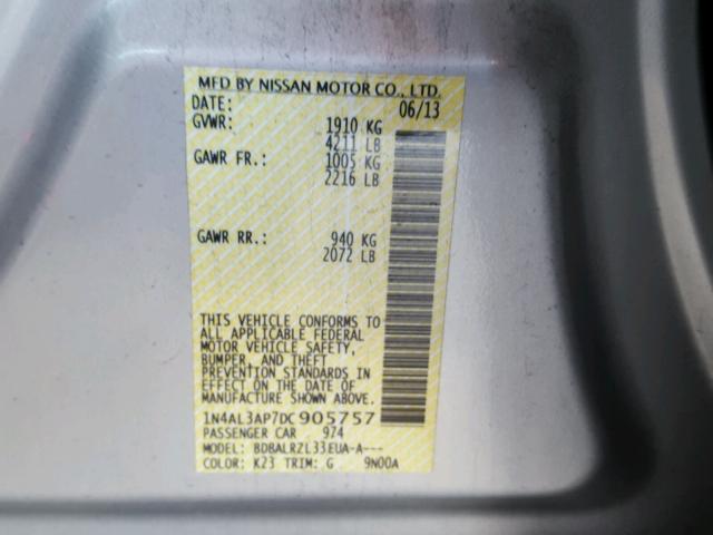 1N4AL3AP7DC905757 - 2013 NISSAN ALTIMA 2.5 SILVER photo 10