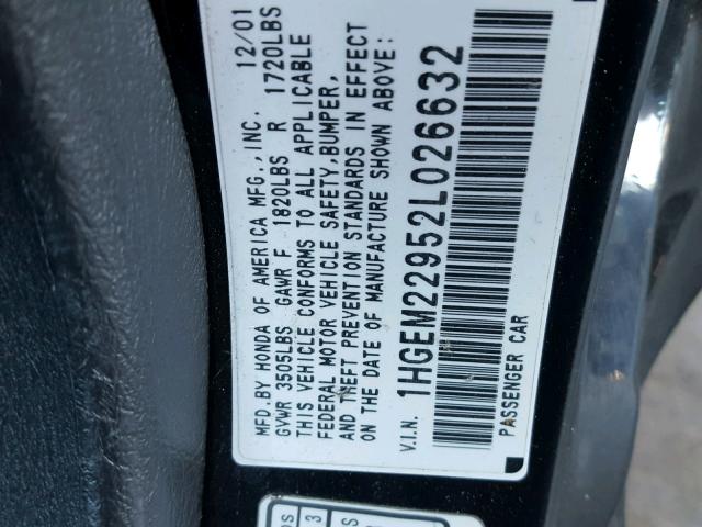 1HGEM22952L026632 - 2002 HONDA CIVIC EX შავი ფოტო 10