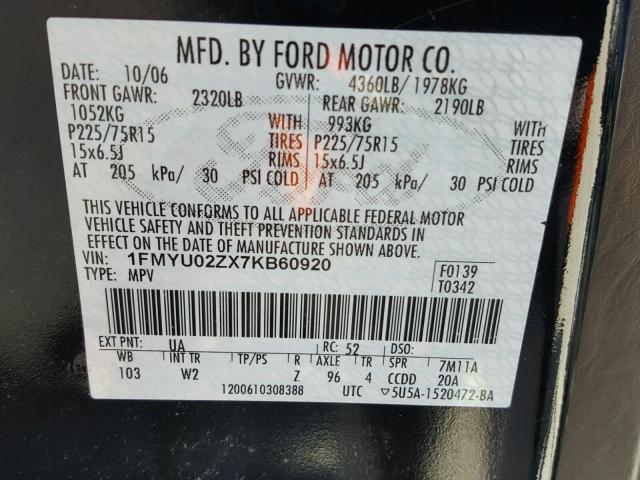 1FMYU02ZX7KB60920 - 2007 FORD ESCAPE XLS BLACK photo 10