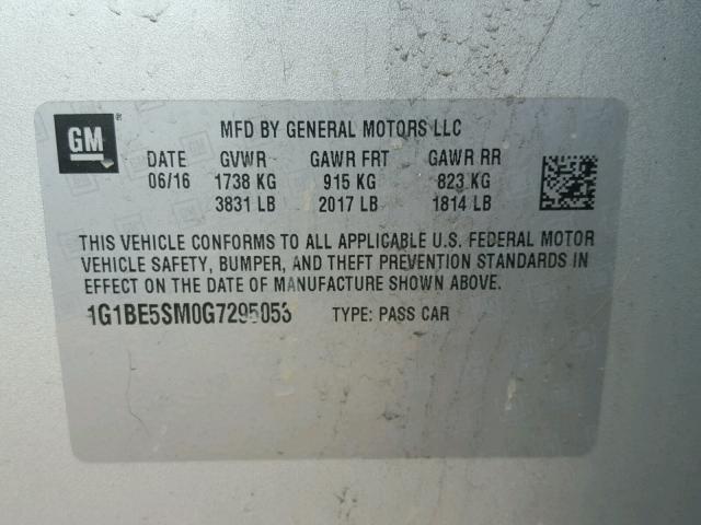 1G1BE5SM0G7295053 - 2016 CHEVROLET CRUZE LT SILVER photo 10