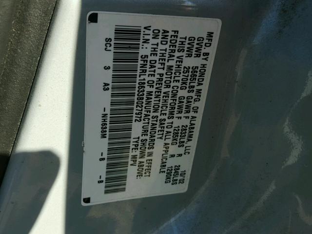 5FNRL18633B027972 - 2003 HONDA ODYSSEY EX GRAY photo 10