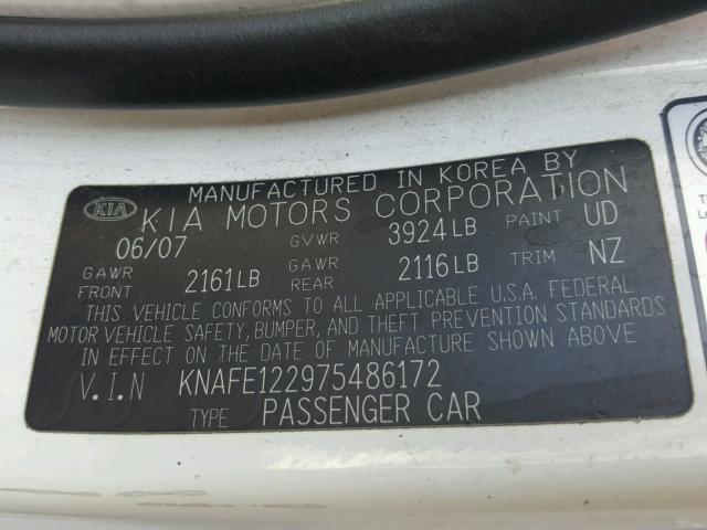 KNAFE122975486172 - 2007 KIA SPECTRA EX WHITE photo 10