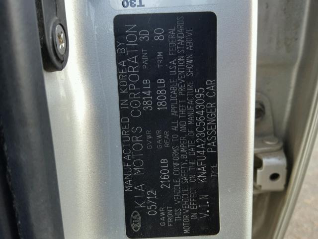 KNAFU4A23C5643095 - 2012 KIA FORTE EX SILVER photo 10