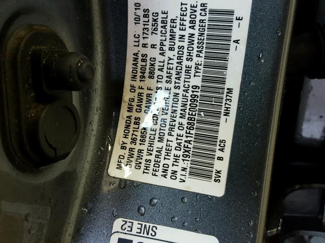 19XFA1F68BE009919 - 2011 HONDA CIVIC LX-S Сұр фото 10