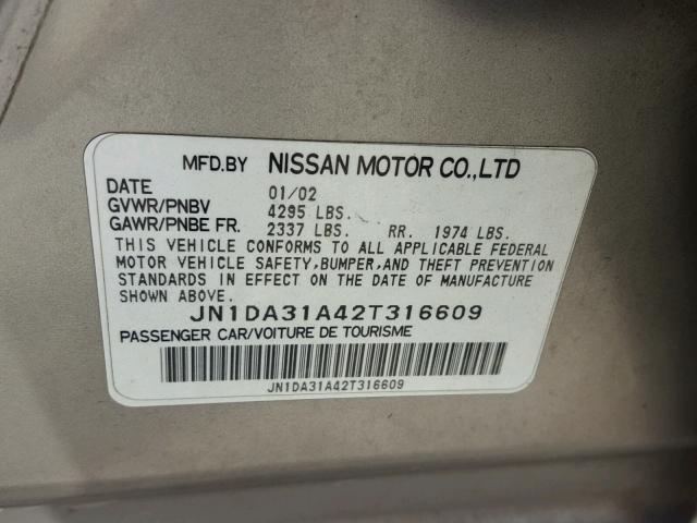 JN1DA31A42T316609 - 2002 NISSAN MAXIMA GLE GRAY photo 10