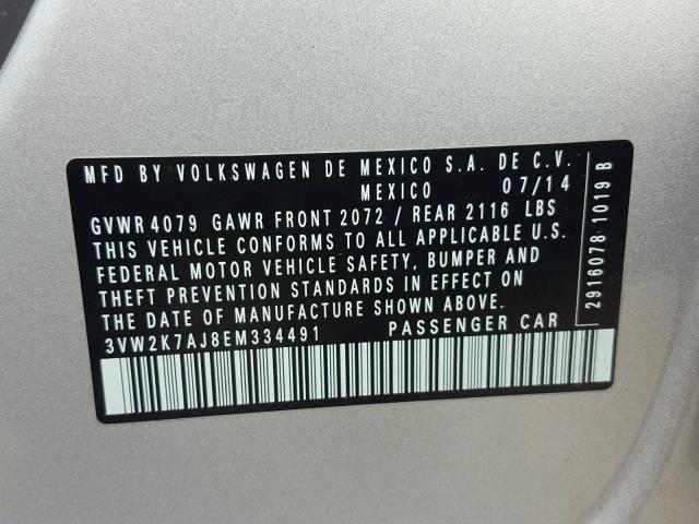 3VW2K7AJ8EM334491 - 2014 VOLKSWAGEN JETTA BASE SILVER photo 10