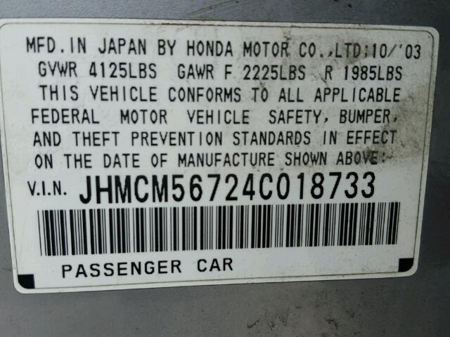 JHMCM56724C018733 - 2004 HONDA ACCORD EX SILVER photo 10