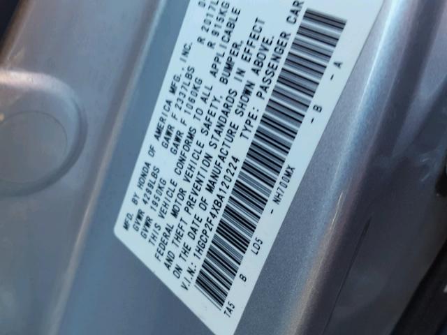 1HGCP2F4XBA120224 - 2011 HONDA ACCORD LXP SILVER photo 10