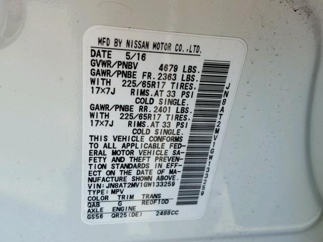 JN8AT2MV1GW133259 - 2016 NISSAN ROGUE S WHITE photo 10