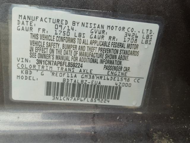 3N1CN7AP6FL859224 - 2015 NISSAN VERSA S CHARCOAL photo 10