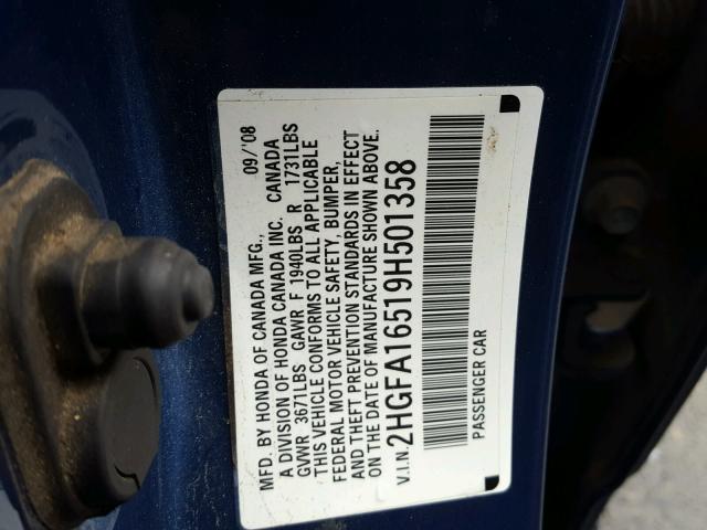 2HGFA16519H501358 - 2009 HONDA CIVIC LX BLUE photo 10