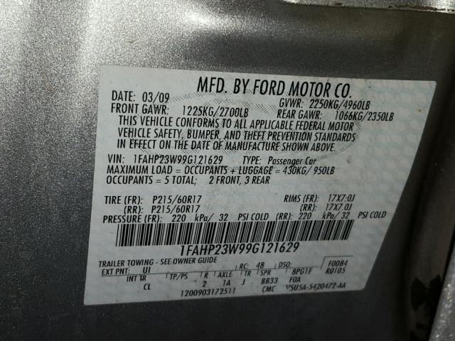 1FAHP23W99G121629 - 2009 FORD TAURUS SE SILVER photo 10