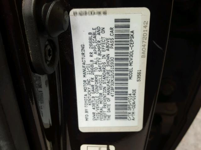 4T1BF32K12U515930 - 2002 TOYOTA CAMRY LE PURPLE photo 10