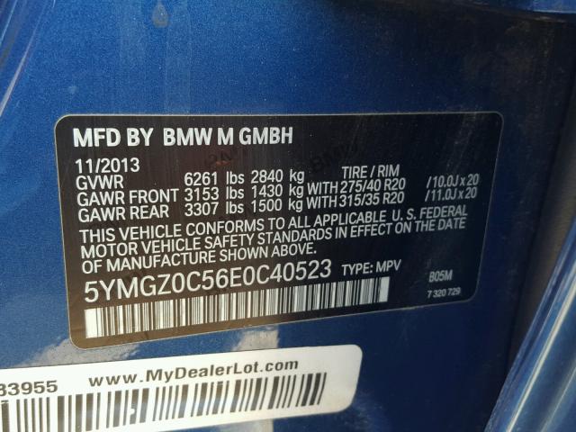 5YMGZ0C56E0C40523 - 2014 BMW X6 M BLUE photo 10