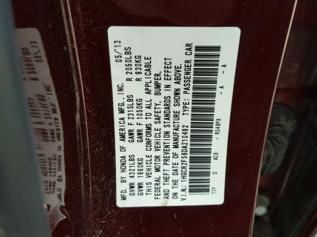 1HGCR2F56DA210492 - 2013 HONDA ACCORD SPO MAROON photo 10