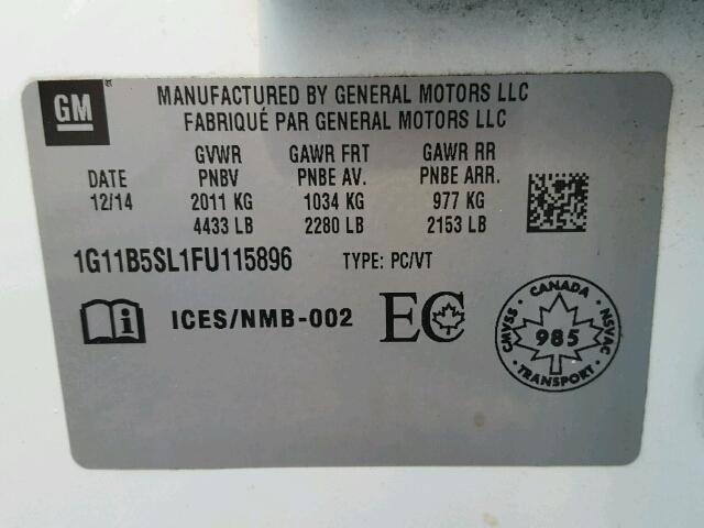 1G11B5SL1FU115896 - 2015 CHEVROLET MALIBU LS თეთრი ფოტო 10