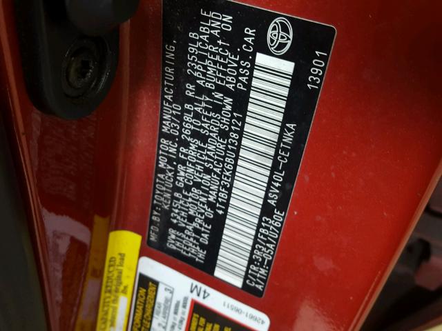 4T1BF3EK6BU138121 - 2011 TOYOTA CAMRY BASE RED photo 10