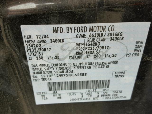 1FTRF12W75KC62588 - 2005 FORD F150 BLACK photo 10