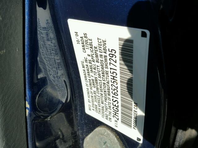 2HGES16525H517295 - 2005 HONDA CIVIC LX BLUE photo 10