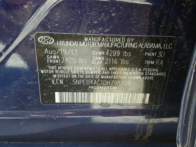 5NPEB4AC1DH798209 - 2013 HYUNDAI SONATA GLS BLUE photo 10