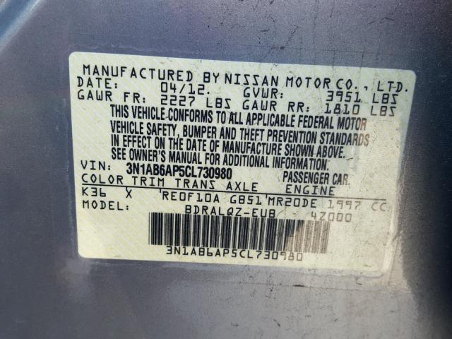 3N1AB6AP5CL730980 - 2012 NISSAN SENTRA 2.0 SILVER photo 10