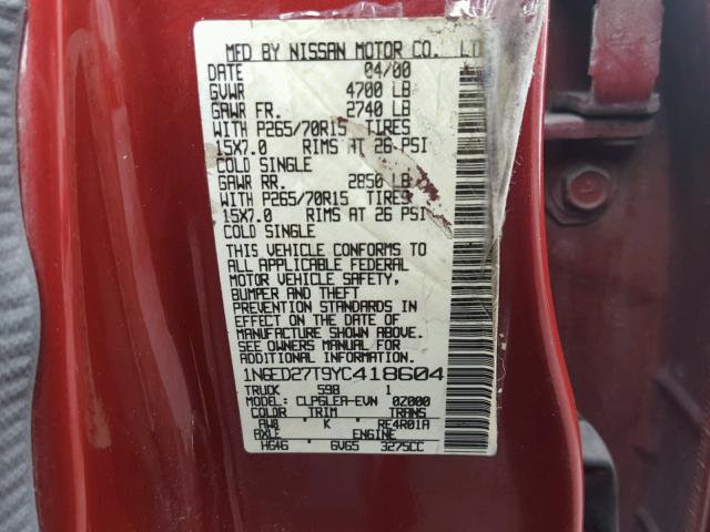 1N6ED27T9YC418604 - 2000 NISSAN FRONTIER C BURGUNDY photo 10