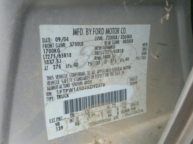 1FTPW14504KD92576 - 2004 FORD F150 SUPER SILVER photo 10