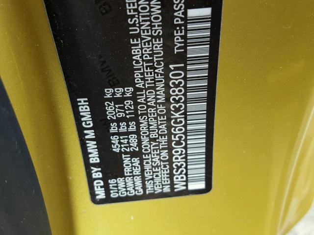 WBS3R9C56GK338301 - 2016 BMW M4 YELLOW photo 10