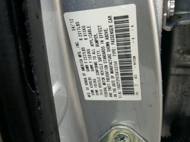 1HGCP2F67CA150154 - 2012 HONDA ACCORD SE SILVER photo 10