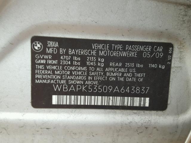 WBAPK53509A643837 - 2009 BMW 328 XI SUL SILVER photo 10