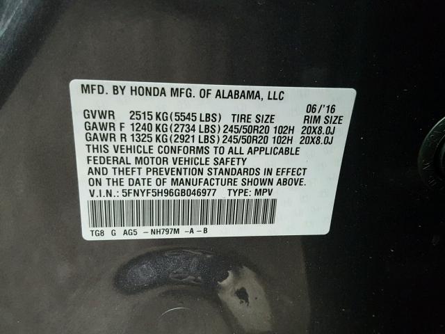 5FNYF5H96GB046977 - 2016 HONDA PILOT TOUR CHARCOAL photo 10