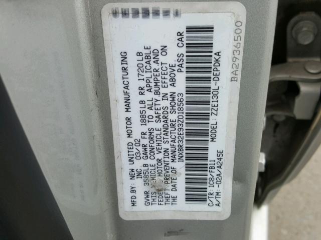 1NXBR32E93Z018563 - 2003 TOYOTA COROLLA CE SILVER photo 10