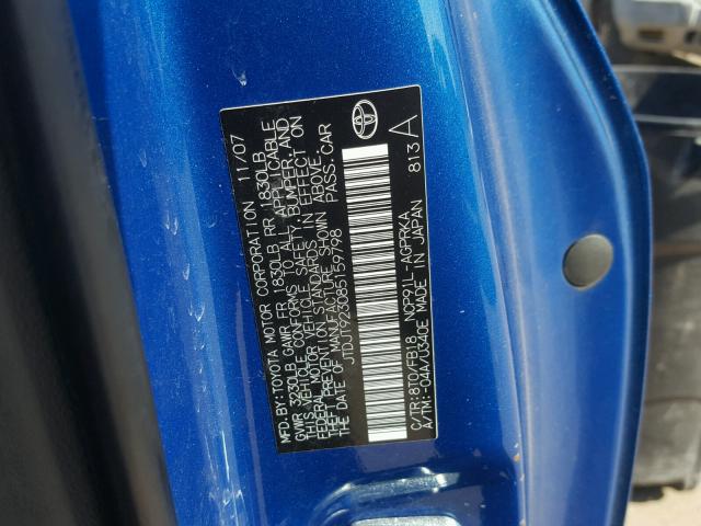 JTDJT923085159798 - 2008 TOYOTA YARIS BLUE photo 10