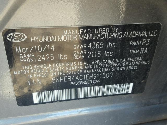 5NPEB4AC1EH911500 - 2014 HYUNDAI SONATA GLS GRAY photo 10