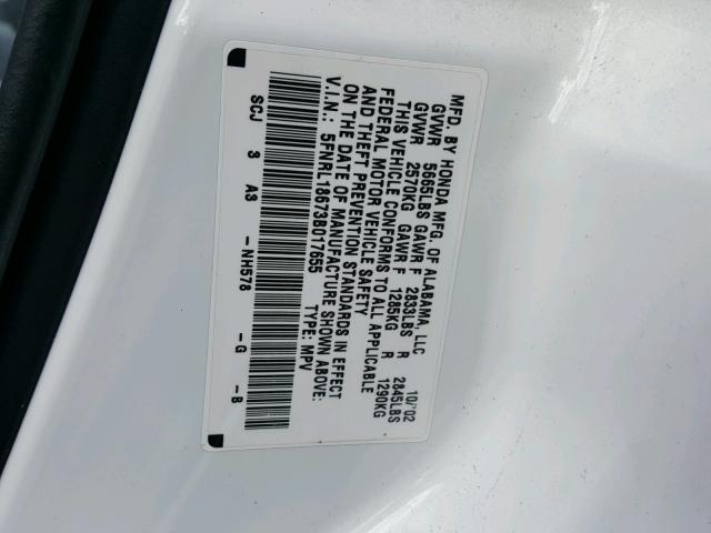 5FNRL18673B017655 - 2003 HONDA ODYSSEY EX WHITE photo 10