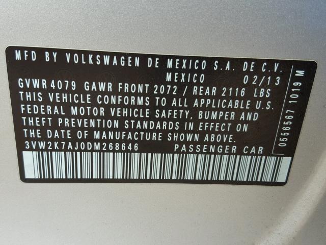 3VW2K7AJ0DM268646 - 2013 VOLKSWAGEN JETTA BASE SILVER photo 10