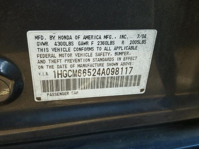 1HGCM66524A098117 - 2004 HONDA ACCORD EX GRAY photo 10