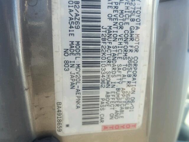 JT2BF22K010334962 - 2001 TOYOTA CAMRY CE GRAY photo 10