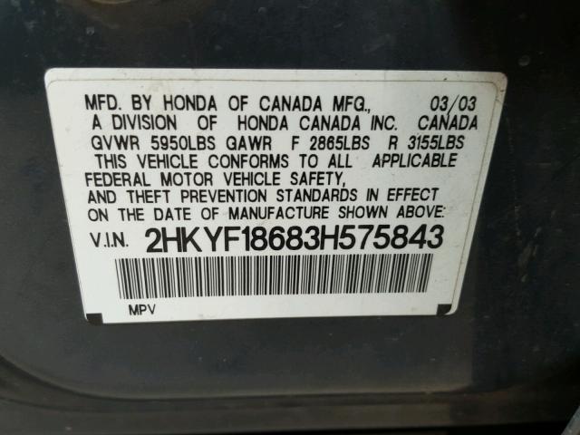 2HKYF18683H575843 - 2003 HONDA PILOT EXL GRAY photo 10