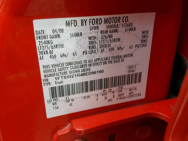 1FTSW21R48ED96190 - 2008 FORD F250 SUPER RED photo 10