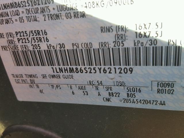 1LNHM86S25Y621209 - 2005 LINCOLN LS 绿色 照片 10