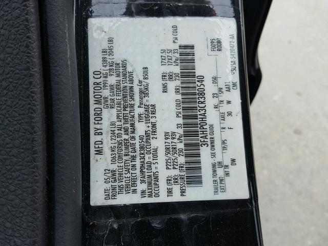 3FAHP0HA3CR380540 - 2012 FORD FUSION SE BLACK photo 10